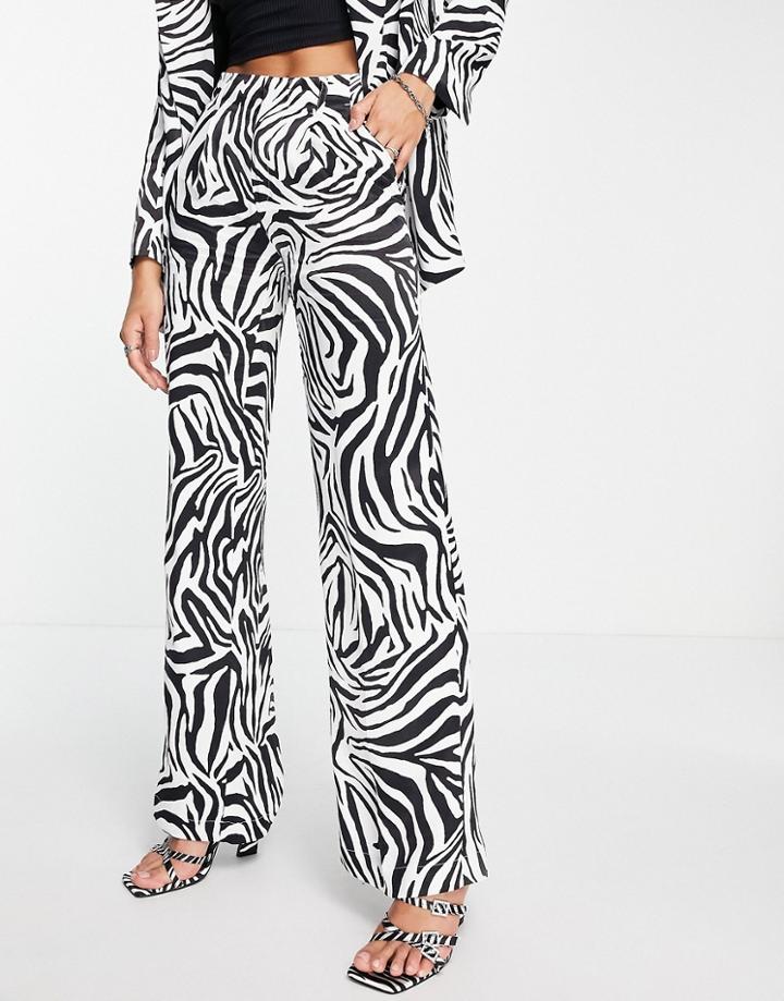 Bershka Satin Wide Leg Pants In Zebra Print - Part Of A Set-multi