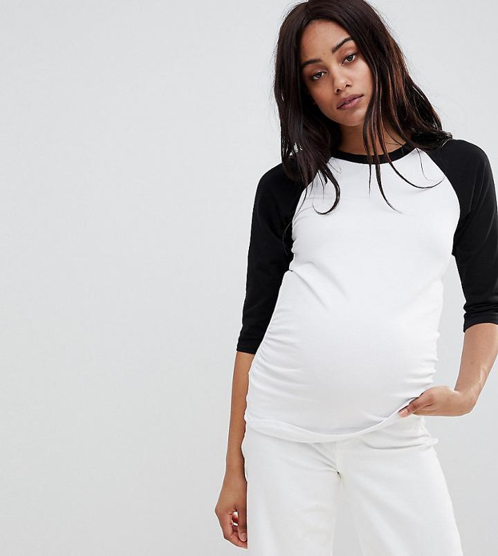 Asos Design Maternity Top In Fitted Long Line With Contrast Raglan In White - White