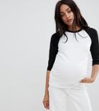 Asos Design Maternity Top In Fitted Long Line With Contrast Raglan In White - White
