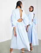 Asos Edition Midaxi Smock Dress With Tiers And Tie Back In Pale Blue-blues