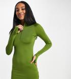 Asyou Long Sleeve Zip Front Dress In Khaki-green