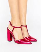 Little Mistress Metallic Pointed T-bar Heeled Shoes With Block Heel - Pink