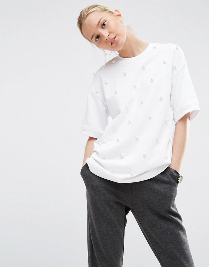 Asos White Pearl Embellished Top - White