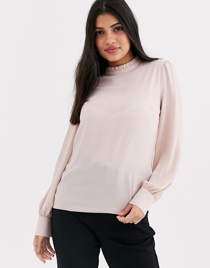 New Look Frill High Neck Detail Top In Tan