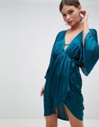 Asos Design Mini Plunge Satin Kimono Dress - Green