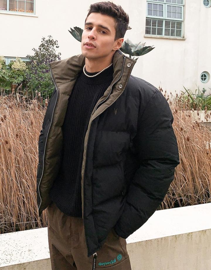 Allsaints Novern Reversible Puffer Jacket In Black And Khaki