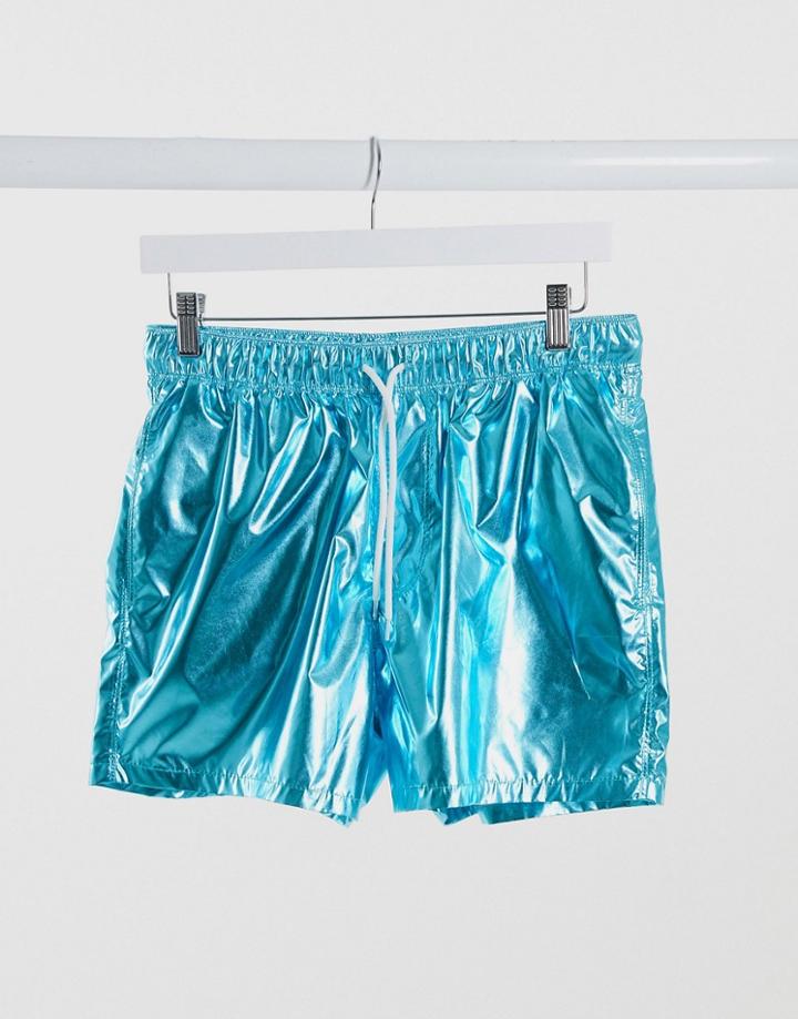 Asos Design Swim Shorts In Blue Metallic Short Length-blues