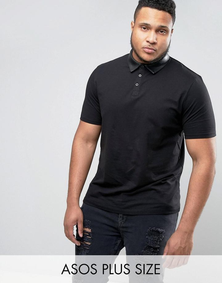 Asos Plus Polo Shirt With Faux Leather Collar - Black