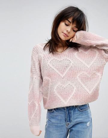 Willow And Paige Oversized Sweater With Heart Pattern - Pink