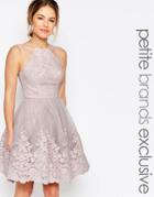 Chi-chi London Petite Premium Embroidered Lace Tulle Midi Prom Dress With Mesh Shoulder Detail - Mink