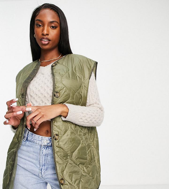 Asos Design Tall Quilted Collarless Vest In Olive-green