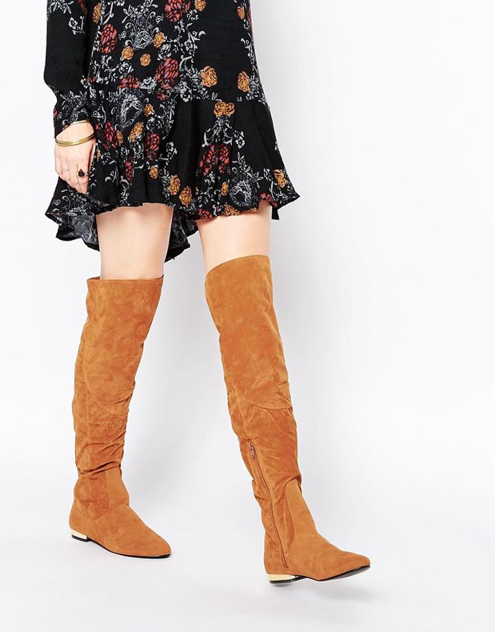 Daisy Street Tan Flat Over The Knee Boots - Tan