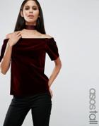 Asos Tall Off Shoulder Top In Velvet - Red