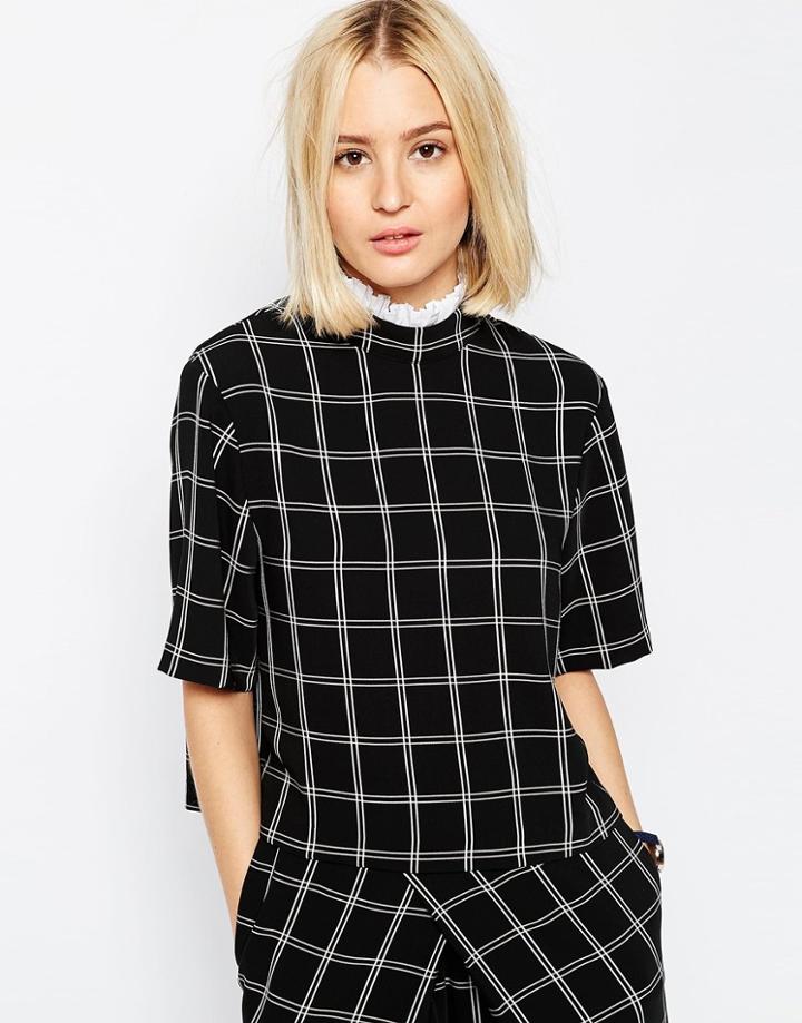 Asos White Grid Funnel Neck Top