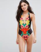 Asos Tropical Reflection Print Plunge Swimsuit - Multi