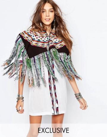 Hiptipico Handmade Fringed Cape With Multi Stripe And Floral Embroidery - Multi