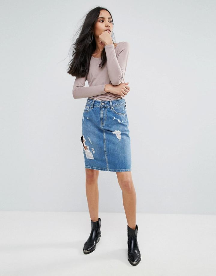 Pepe Jeans Penny Destroyed Denim Pencil Skirt - Blue