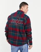 Asos Design 90s Oversized Shirt In Burgundy Check With City Back Print-red