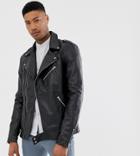 Asos Design Tall Leather Biker Jacket In Black