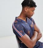 Asos Design Tall Longline Polo In Linen Look All Over Floral Print With Taping - Navy