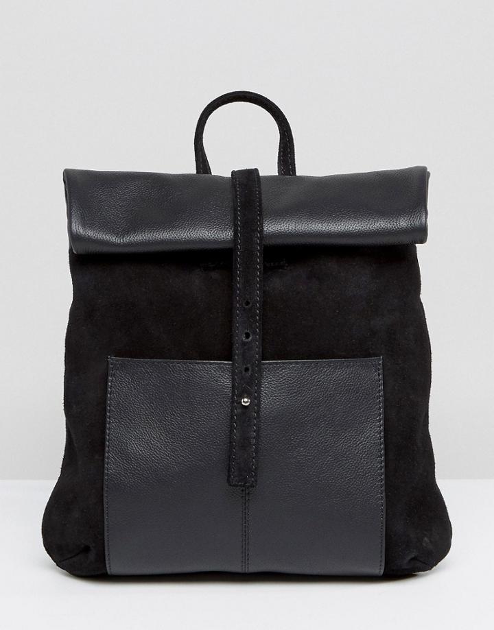 Asos Leather And Suede Roll Top Midi Backpack - Black