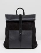Asos Leather And Suede Roll Top Midi Backpack - Black