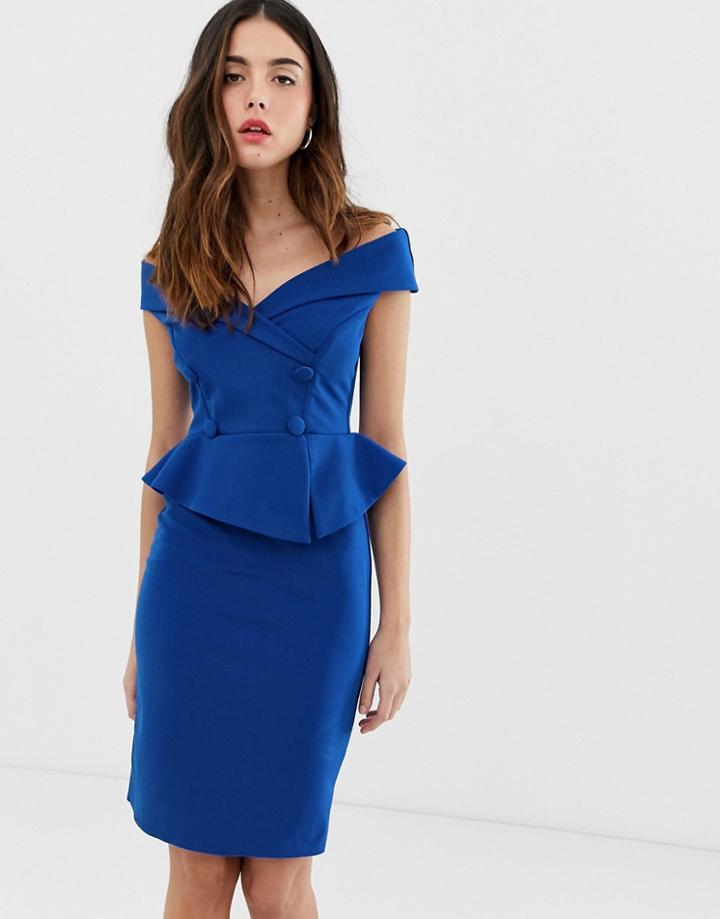 City Goddess Bardot Pencil Dress With Peplum Detail - Blue