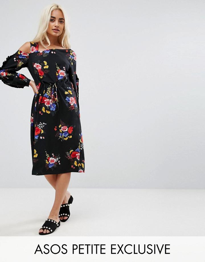 Asos Petite Floral Asymmetric Tea Dress With Drawstring - Multi
