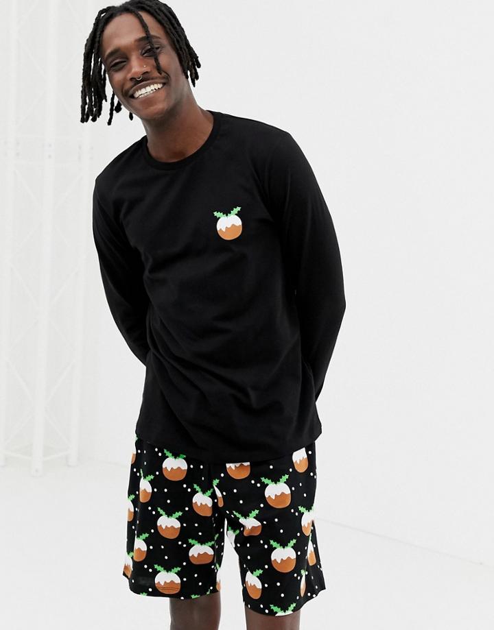 Asos Design Mix & Match Christmas Pyjama Long Sleeve Top With Xmas Pud Design-black