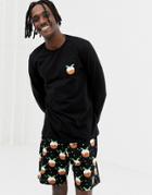 Asos Design Mix & Match Christmas Pyjama Long Sleeve Top With Xmas Pud Design-black