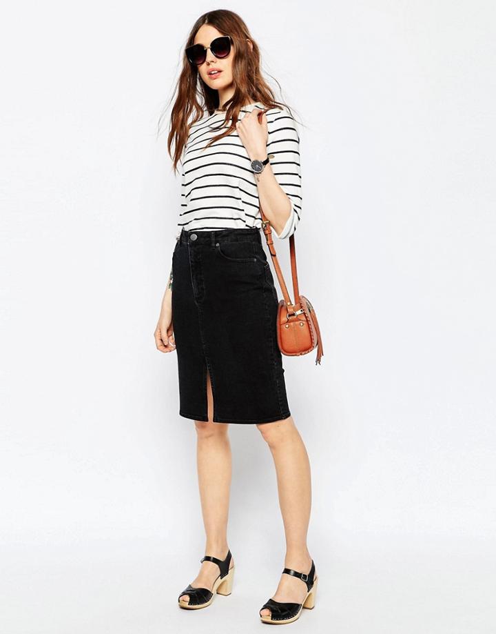 Asos Denim Split Front Midi Pencil Skirt In Washed Black - Vogue Black