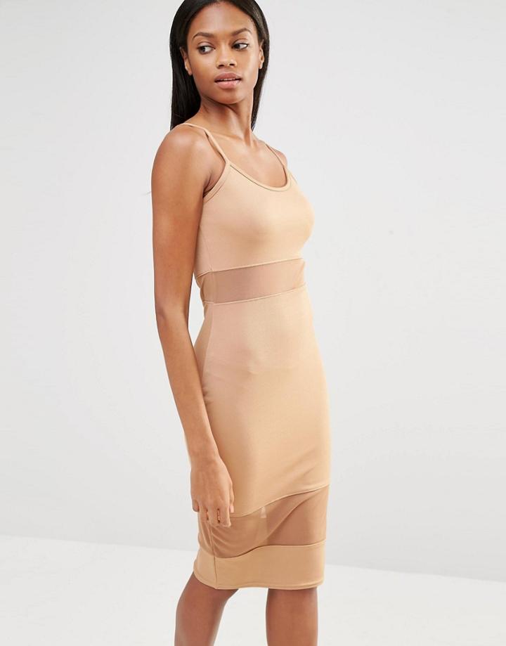 Missguided Jersey Mesh Insert Midi Dress - Tan