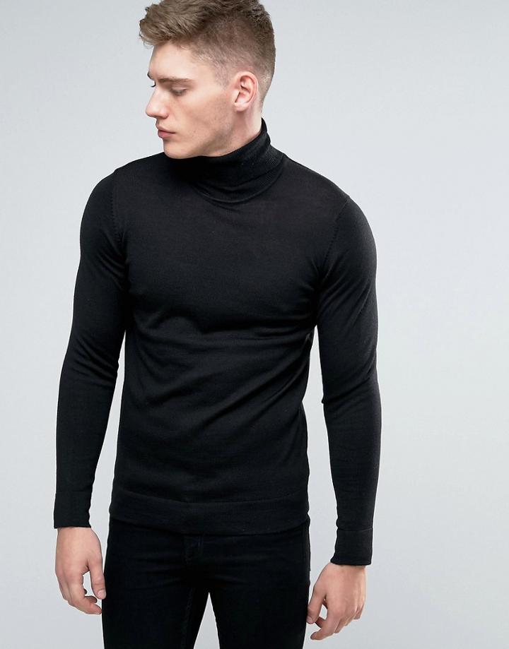 Lindbergh Sweater With Roll Neck In Black Merino Wool - Black