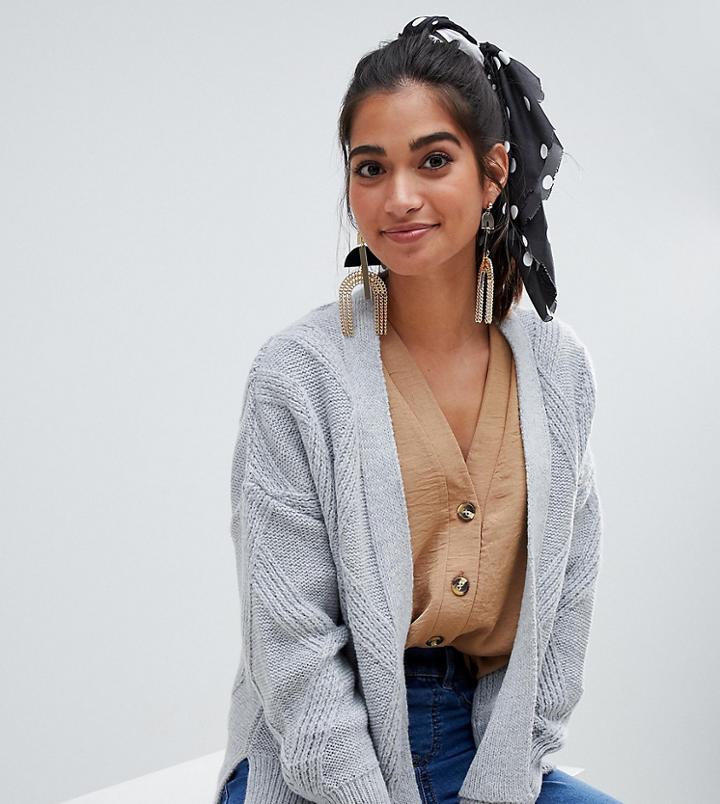 Asos Design Petite Edge To Edge Cardigan With Cable Detail - Gray