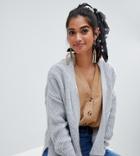 Asos Design Petite Edge To Edge Cardigan With Cable Detail - Gray