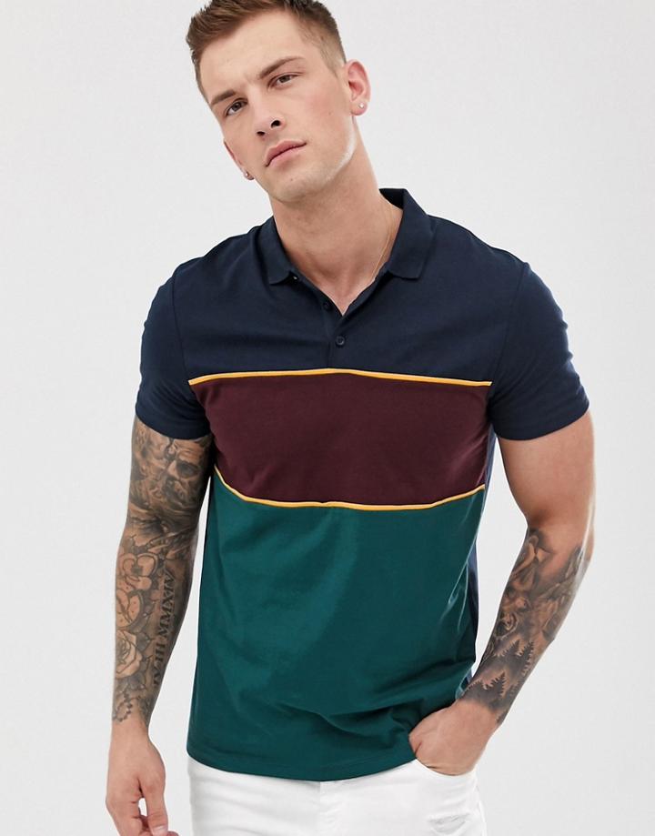 Asos Design Polo Shirt With Retro Color Block In Navy