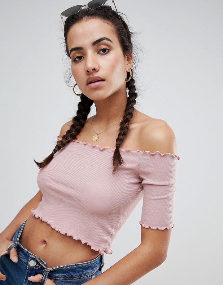 Prettylittlething Bardot Frill Crop Top - Pink