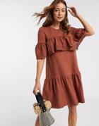 River Island Short Sleeve Broderie Frill Dress In Rust-red