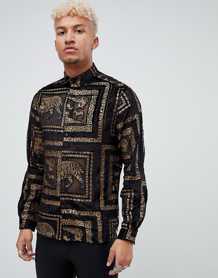 Asos Design Regular Fit Tiger Sheer Shirt With Gold In Black - Black