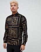 Asos Design Regular Fit Tiger Sheer Shirt With Gold In Black - Black