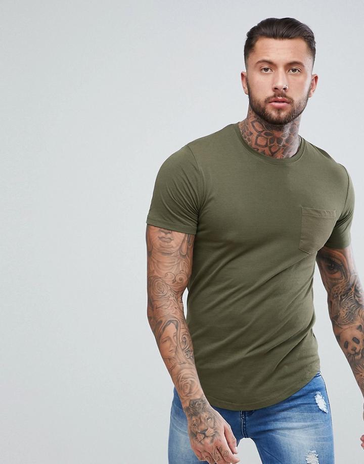 Troy T-shirt Pocket Curved Hem Longline In Khaki - Green