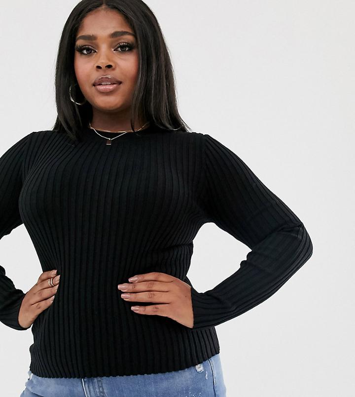 Asos Design Curve Crew Neck Sweater In Skinny Rib-black