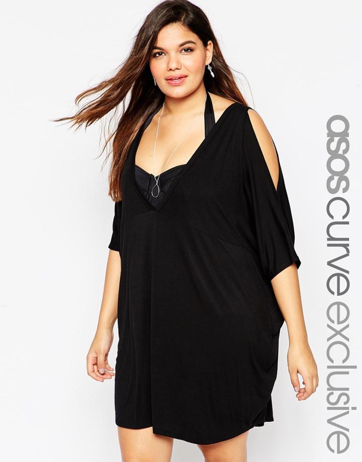 Asos Curve V Front Cold Shoulder Beach Cover Up - Black