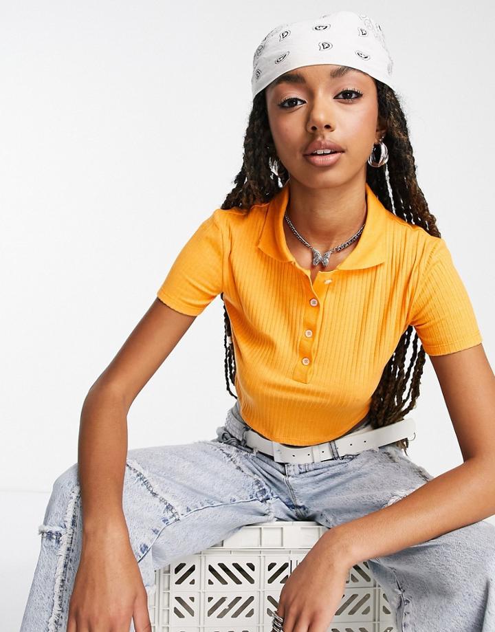 Pull & Bear Cropped Button Down Polo Top In Orange