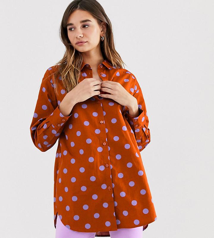 Monki Longline Polka Dot Print Blouse In Rust-brown