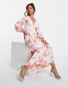 Asos Design Button Front Maxi Tea Dress In Pink Floral Print-multi
