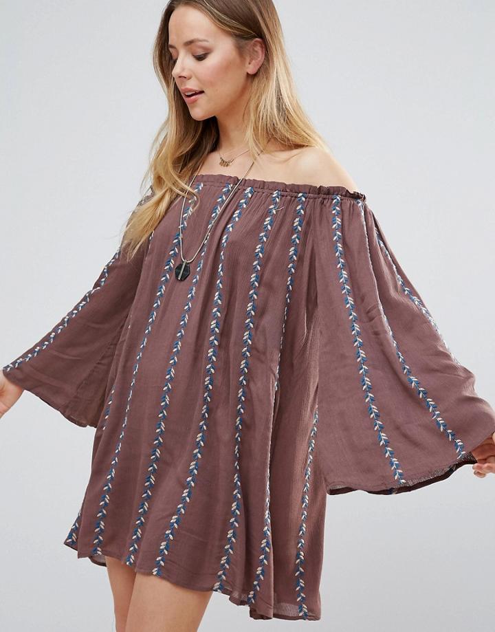 Lunik Off Shoulder Stripe Dress - Brown