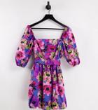 River Island Petite Floral Puffball Belted Mini Dress In Blue-blues