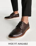 Asos Design Brogue Shoe In Brown Leather On White Wedge Sole