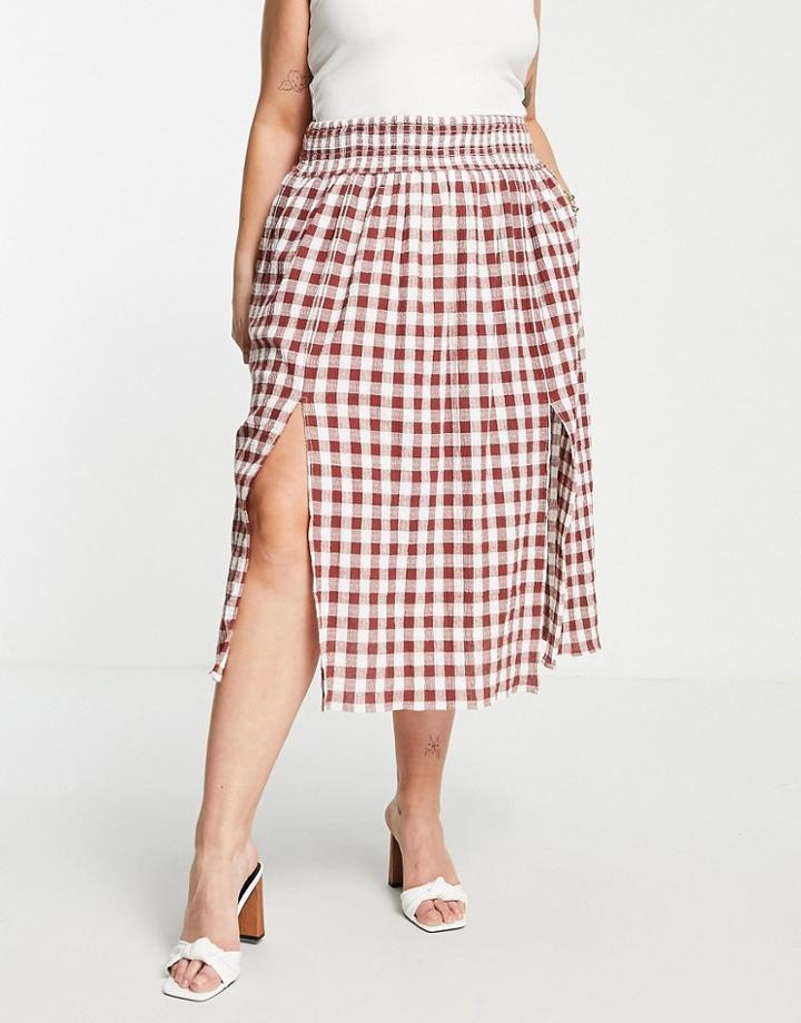 Asos Design Textured Brown & White Gingham Full Midi Skirt With Pockets-multi